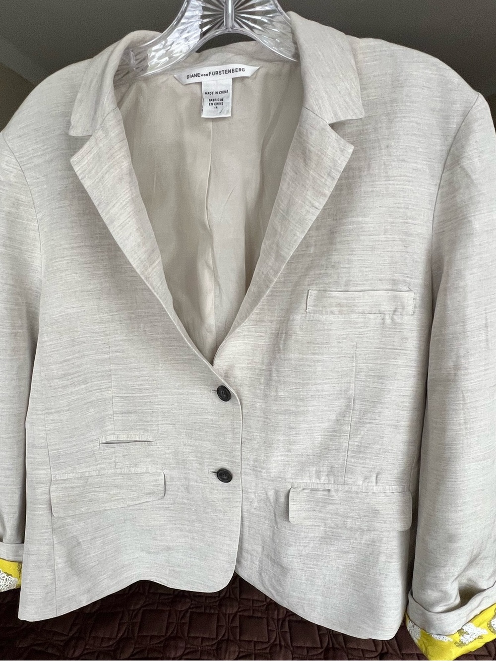 Diane von Furstenberg Linen Blend Blazer Jacket - Size 14 - Cream/Off-White